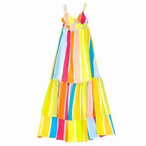 AURA Boho Resort Neon Rainbow Striped Crochet Cutout Tiered Maxi Dress Womens XS